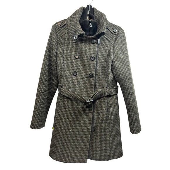 Soia & Kyo  Wool Blend Coat Bib Collar Olive Black Check Plaid Print Mid Medium - Picture 1 of 6